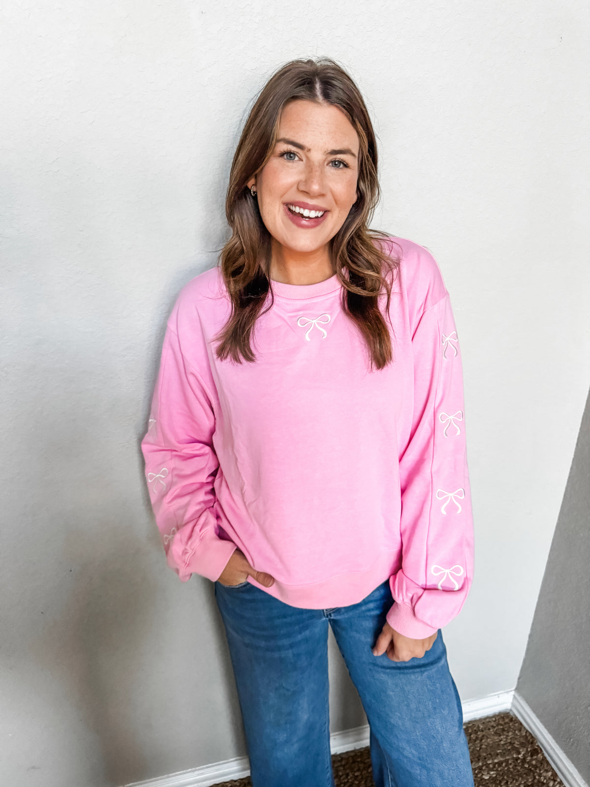Stitched with a Bow Pullover- Pink