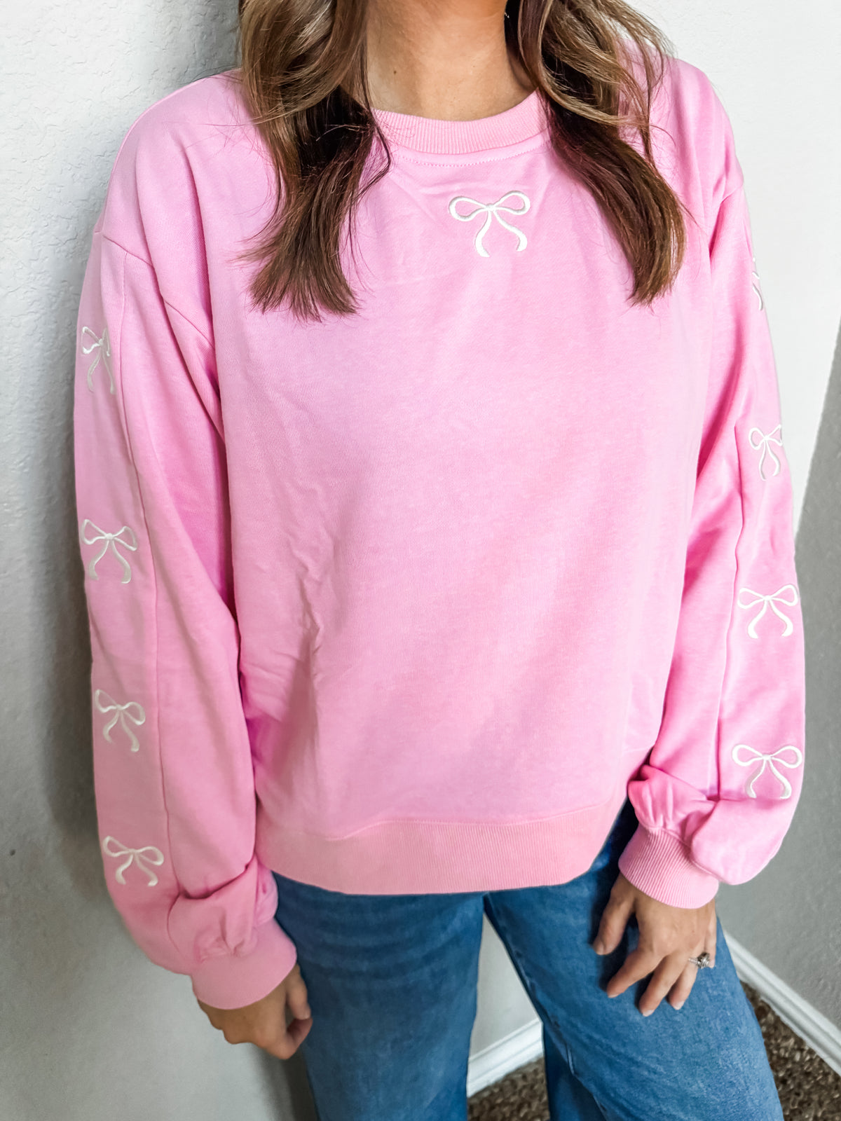 Stitched with a Bow Pullover- Pink