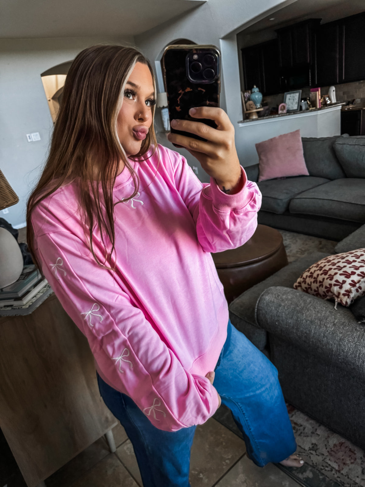 Stitched with a Bow Pullover- Pink