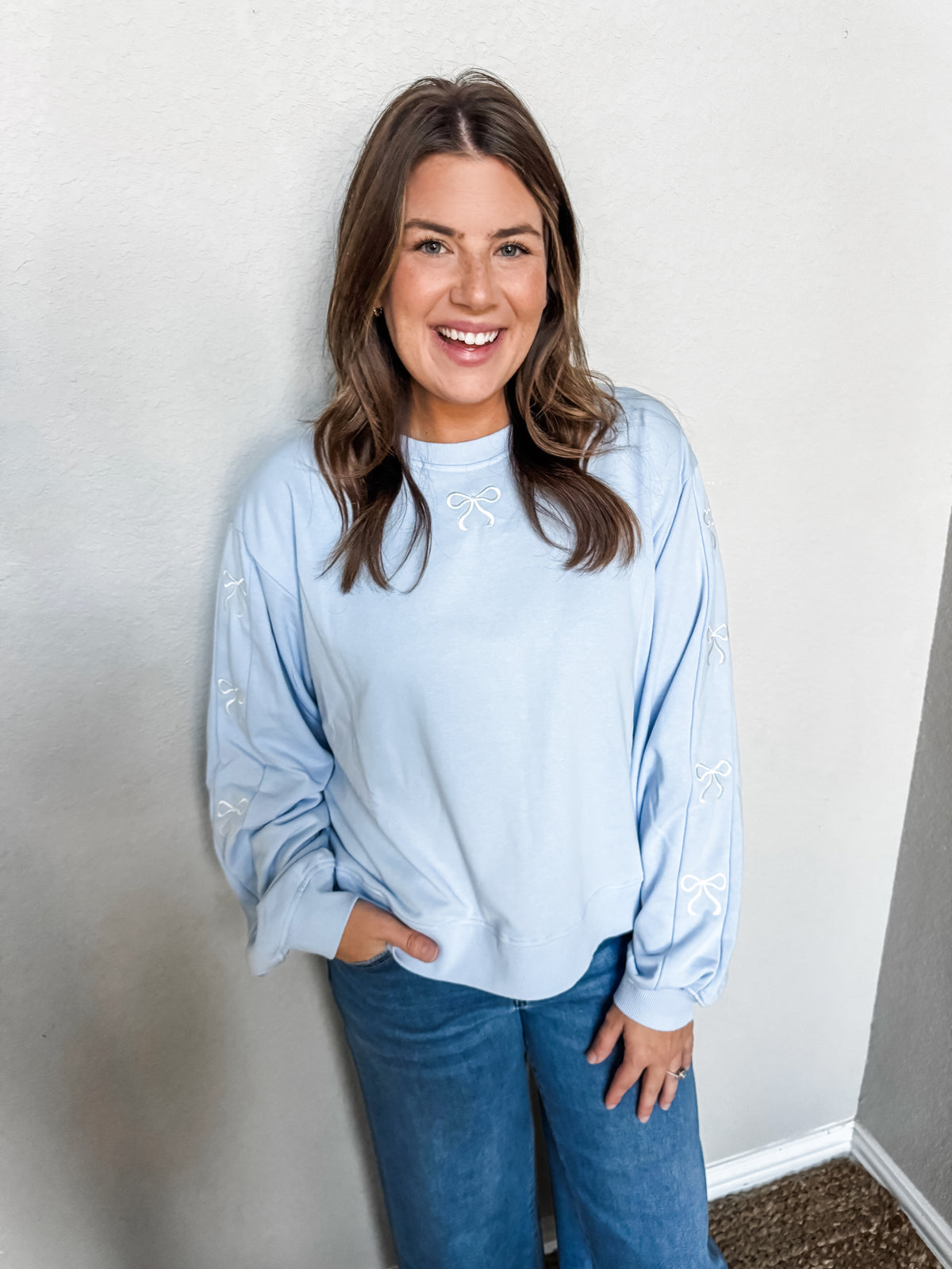 Stitched with a Bow Pullover- Blue