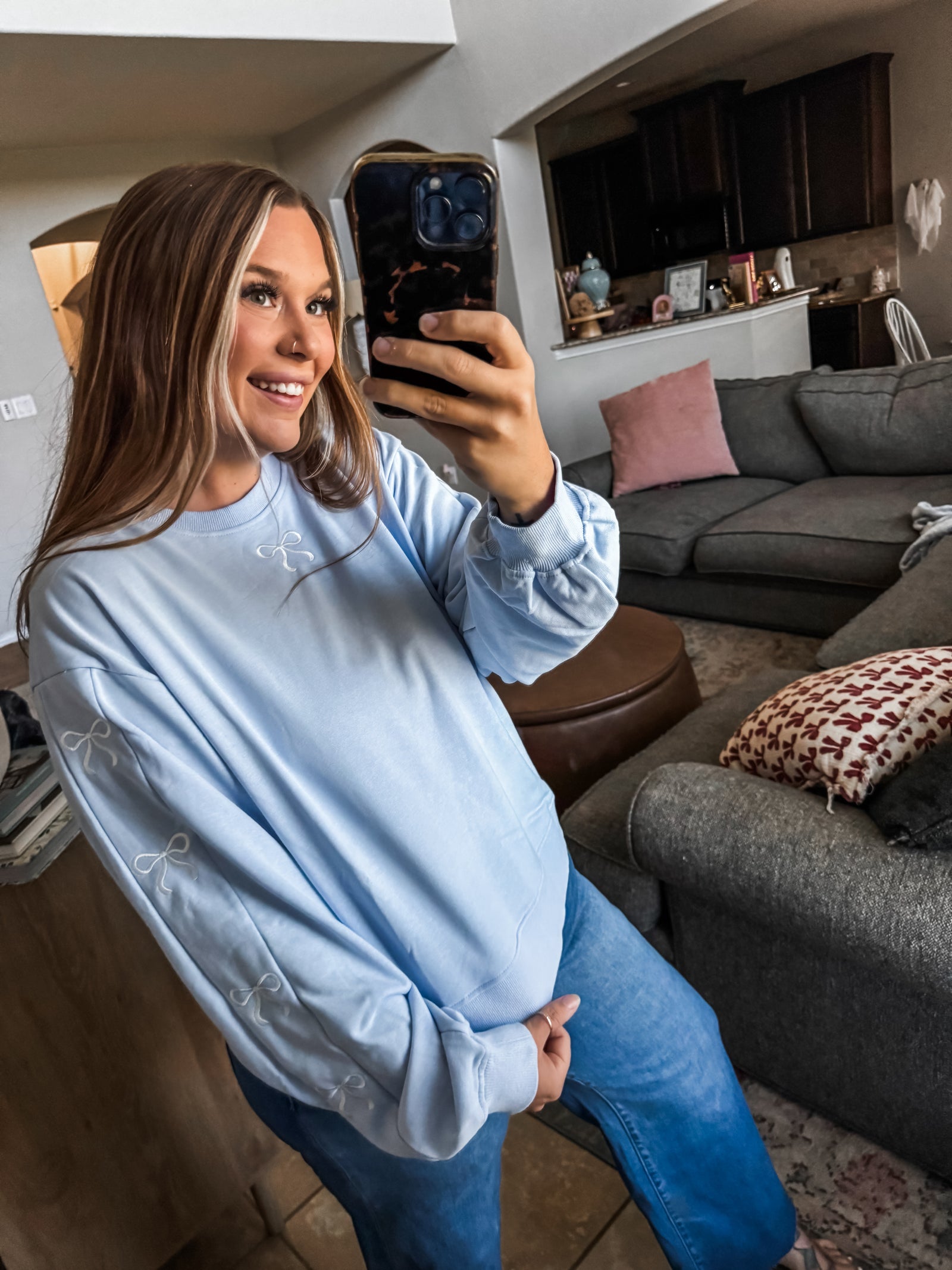 Stitched with a Bow Pullover- Blue