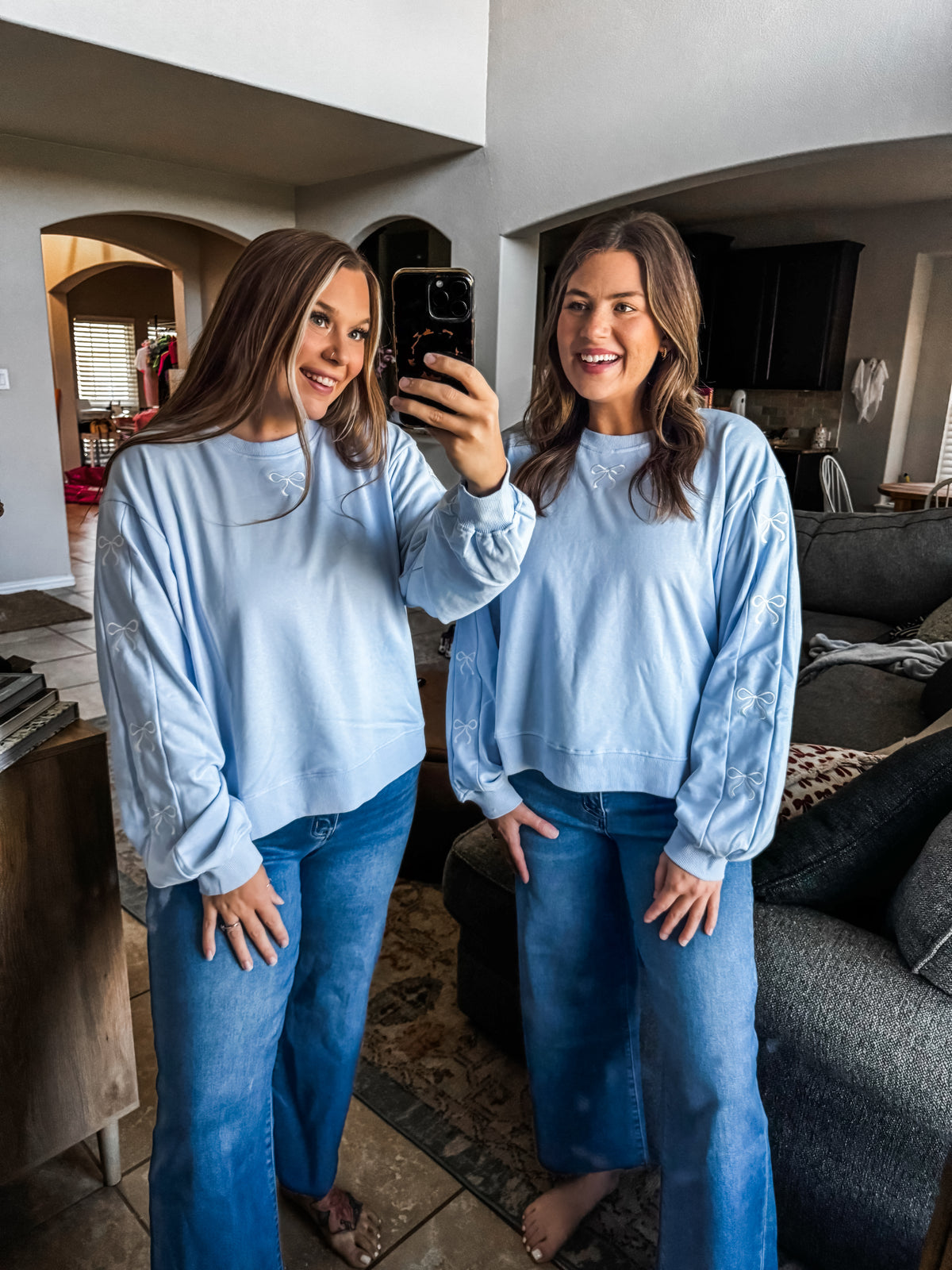 Stitched with a Bow Pullover- Blue