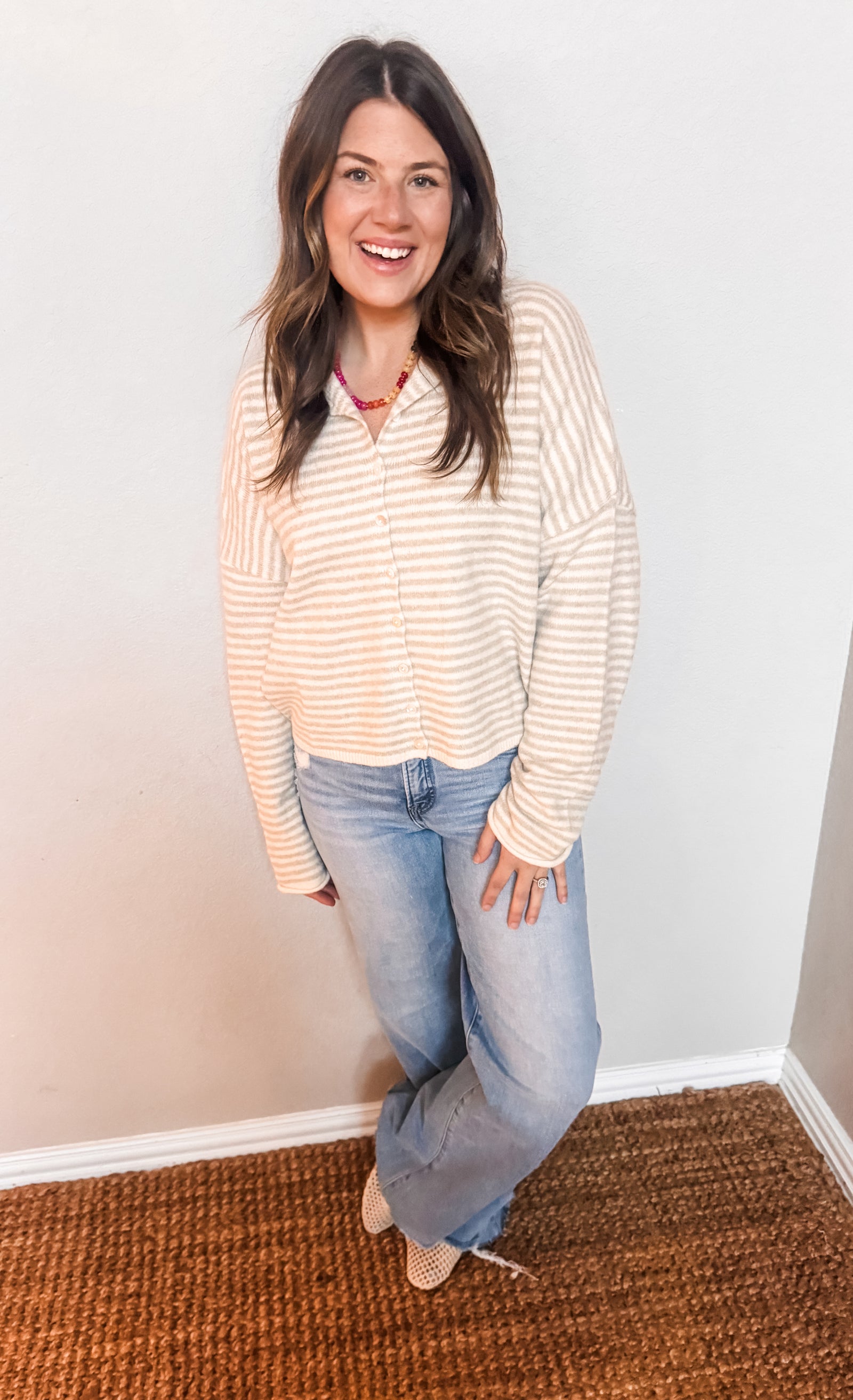 Striped Staple Cardigan in Cream