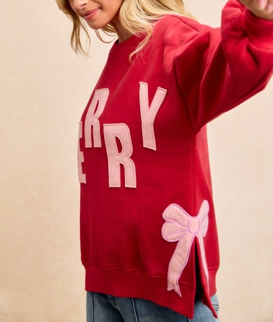 Merry Embroidered Bow Sweatshirt